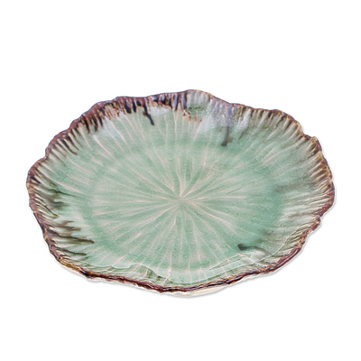 Celadon ceramic appetizer plate, 'Lotus Table' - Lotus-Themed Speckled Green Celadon Ceramic Appetizer Plate
