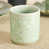 Celadon ceramic teacup, 'Wealthy Peony' - Leafy and Floral Green Ceramic Teacup with Crackled Finish