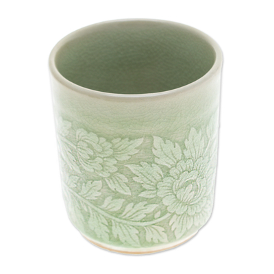 Celadon ceramic teacup, 'Wealthy Peony' - Leafy and Floral Green Ceramic Teacup with Crackled Finish