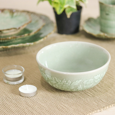 Celadon-Keramikschale - Grüne Keramikschale mit Blatt- und Blumenmuster und Krakelee-Finish