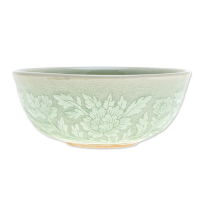 Celadon-Keramikschale - Grüne Keramikschale mit Blatt- und Blumenmuster und Krakelee-Finish