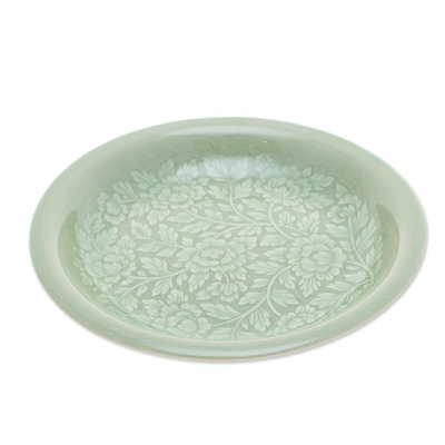 Plato de almuerzo de cerámica Celadon - Plato de almuerzo de cerámica verde floral con acabado craquelado