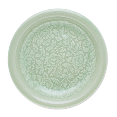 Celadon ceramic luncheon plate, 'Wealthy Peony' - Floral Green Ceramic Luncheon Plate with Crackled Finish