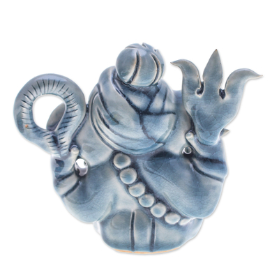 Celadon ceramic sculpture, 'Ganesha Divinity' - Traditional Crackled Blue Celadon Ceramic Ganesha Sculpture