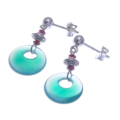 Onyx and garnet dangle earrings, 'Green Loops' - Sterling Silver Dangle Earrings with Green Onyx and Garnet