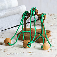 Wood disentanglement puzzle game, 'Tied Bridge' - Handcrafted Wood and Green Nylon Disentanglement Puzzle Game