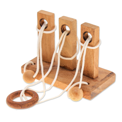 Wood disentanglement puzzle game, 'Three Challenges' - Handcrafted Wood and Nylon Disentanglement Puzzle Game