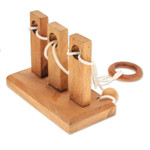 Wood disentanglement puzzle game, 'Three Challenges' - Handcrafted Wood and Nylon Disentanglement Puzzle Game