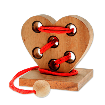 Wood disentanglement puzzle game, 'Heart Embrace' - Handcrafted Heart-Shaped Wood Disentanglement Puzzle Game