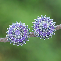 Amethyst and marcasite button earrings, 'Radiant Purple Moon'