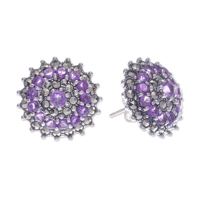Amethyst and marcasite button earrings, 'Radiant Purple Moon' - Amethyst Marcasite and Sterling Silver Button Earrings