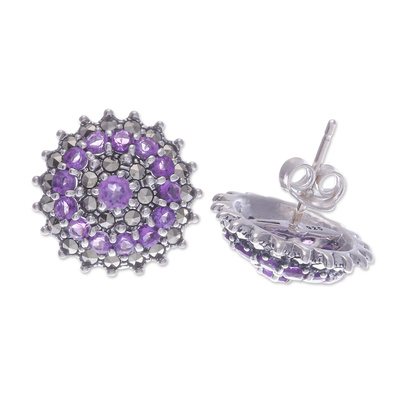 Amethyst and marcasite button earrings, 'Radiant Purple Moon' - Amethyst Marcasite and Sterling Silver Button Earrings