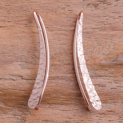 Rose gold-plated drop earrings, 'Pink Hammered Line' - Modern 18k Rose Gold-Plated Drop Earrings from Thailand