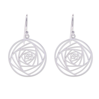 Sterling silver dangle earrings, 'Glamorized Flower' - Modern Openwork Floral Sterling Silver Dangle Earrings
