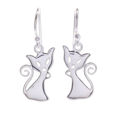 Sterling silver dangle earrings, 'Cat Appeal' - Cat-Shaped Sterling Silver Dangle Earrings from Thailand