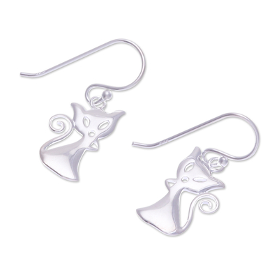 Sterling silver dangle earrings, 'Cat Appeal' - Cat-Shaped Sterling Silver Dangle Earrings from Thailand