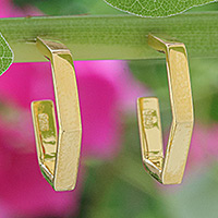 Gold-plated half-hoop earrings, 'Pentagon of Glory' - Modern Pentagon-Shaped 18k Gold-Plated Half-Hoop Earrings