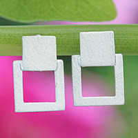 Sterling silver drop earrings, 'Ethereally Square' - Modern Geometric Sterling Silver Drop Earrings from Thailand