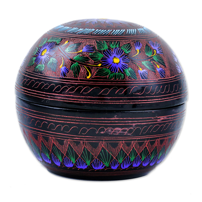 Wood decorative box, 'Blooming Illusion' - Floral Painted Pink, Purple and Blue Round Decorative Box