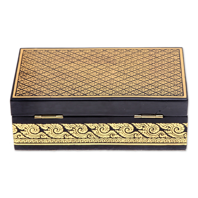 Lacquered wood jewelry box, 'Golden Lanna Treasure' - Lacquered Lanna-Patterned Golden and Black Wood Jewelry Box