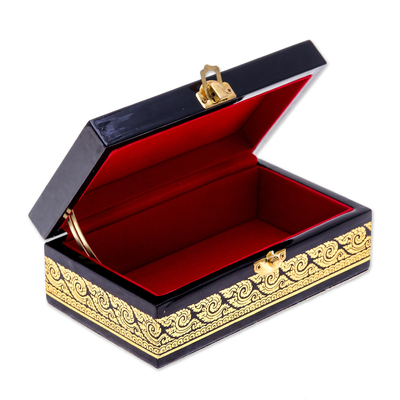 Lacquered wood jewelry box, 'Golden Lanna Treasure' - Lacquered Lanna-Patterned Golden and Black Wood Jewelry Box