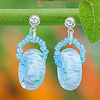 Blown glass beaded dangle earrings, 'Blue Glamor' - Handblown Glass Beaded Blue Dangle Earrings from Thailand