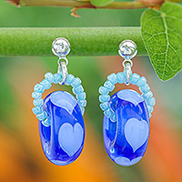 Blown glass beaded dangle earrings, 'Perpetual Love' - Handblown Glass Beaded Blue Dangle Earrings with Heart Motif