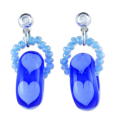 Pendientes colgantes con cuentas de vidrio soplado - Pendientes colgantes azules con cuentas de vidrio soplado a mano y motivo de corazón