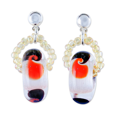 Blown glass beaded dangle earrings, 'Bright Delight' - Handblown Glass Beaded Dangle Earrings with Colorful Motifs