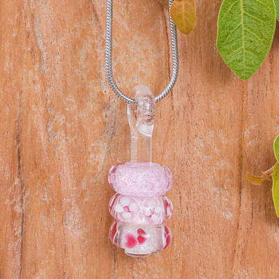 Collar colgante con cuentas de vidrio - Collar colgante con cuentas de vidrio rosa floral de Tailandia