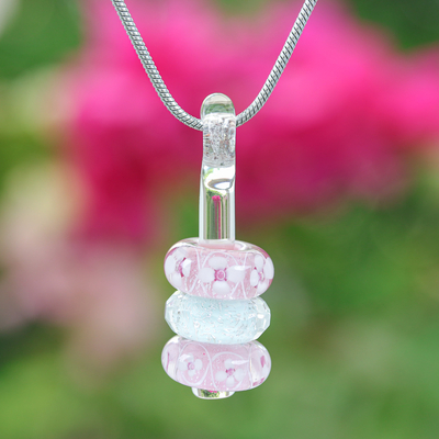 Glass beaded pendant necklace, 'Kind Amulets' - Floral Pink and White Glass Beaded Pendant Necklace
