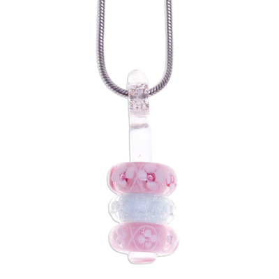 Glass beaded pendant necklace, 'Kind Amulets' - Floral Pink and White Glass Beaded Pendant Necklace
