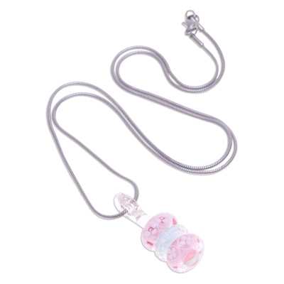 Collar colgante con cuentas de vidrio - Collar colgante con cuentas de vidrio floral rosa y blanco