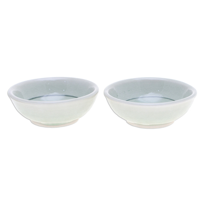 Celadon ceramic condiment bowls, 'Lovely Lotus' (pair) - Pair of Floral Celadon Ceramic Condiment Bowls in Green