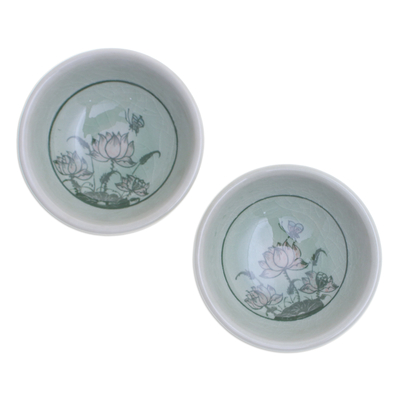 Celadon ceramic condiment bowls, 'Lovely Lotus' (pair) - Pair of Floral Celadon Ceramic Condiment Bowls in Green