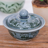 Celadon ceramic jar, 'Thai Lotus in Blue' - Lotus Flower-Themed Celadon Ceramic Jar in Blue Hue