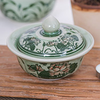 Celadon ceramic jar, 'Thai Lotus in Green' - Thai Lotus Flower-Themed Celadon Ceramic Jar in Green