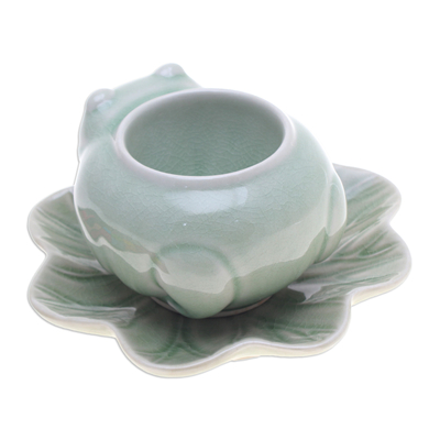 Celadon ceramic mini flower pot, 'Frog on Lotus' - Celadon Ceramic Frog on Lotus Mini Flower Pot with Saucer