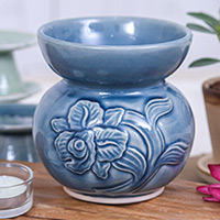 Celadon ceramic oil burner, 'Sublime Orchid' - Blue Thai Celadon Ceramic Oil Burner with Orchid Motif