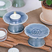 Celadon ceramic candle holders, 'Carved Flower in Blue' (pair) - Pair of Floral Celadon Ceramic Candle Holders in Blue