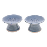 Celadon ceramic candle holders, 'Carved Flower in Blue' (pair) - Pair of Floral Celadon Ceramic Candle Holders in Blue