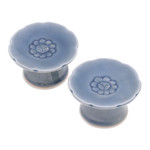 Celadon ceramic candle holders, 'Carved Flower in Blue' (pair) - Pair of Floral Celadon Ceramic Candle Holders in Blue
