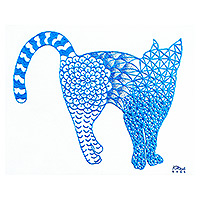 'Graceful' - Blue-Toned Signed Expressionist Acrylic Cat Painting