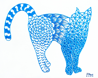 'Graceful' - Blue-Toned Signed Expressionist Acrylic Cat Painting