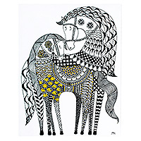 'Bond of Love' - Pintura acrílica tradicional de caballo negro y amarillo