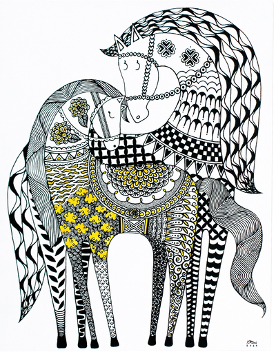 „Bond of Love“ – Traditionelles schwarzes und gelbes Pferde-Acrylgemälde