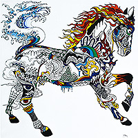 'Power from Nature' - Pintura de caballo acrílica colorida expresionista firmada