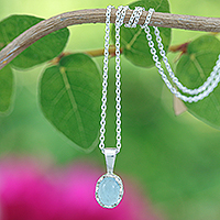 Aquamarine pendant necklace, 'Tranquil Light' - Polished Floral Aquamarine Cabochon Pendant Necklace