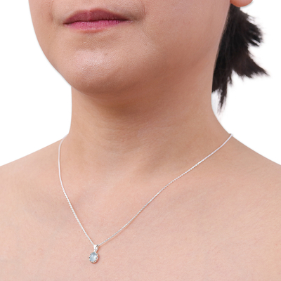 Aquamarine pendant necklace, 'Tranquil Light' - Polished Floral Aquamarine Cabochon Pendant Necklace