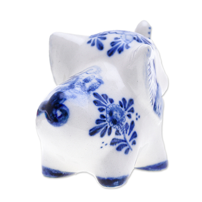 Ceramic statuette, 'Little Joy' - Floral Elephant-Shaped Blue and White Ceramic Statuette